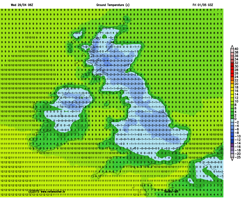 Widespread frost early Friday (surface temperatures)
